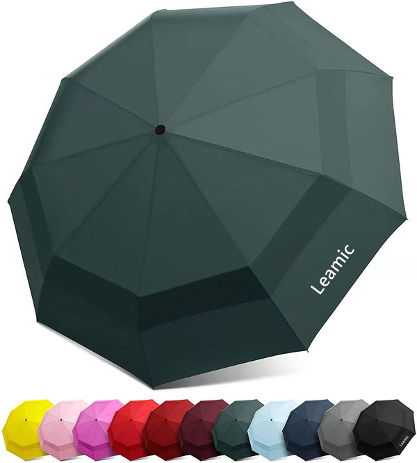 Leamic Windproof Travel Umbrella - Compact, Double Vented Folding Umbrella - Automatic Open & Close Button - Portable, Lightweight Outdoor & Golf Rain Umbrellas, UV Protection